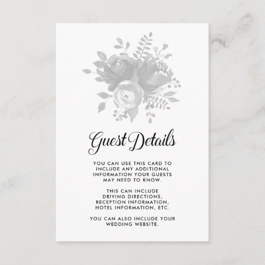 Elegant Gray Floral Wedding Guest Details Begleitkarte (Vorderseite)