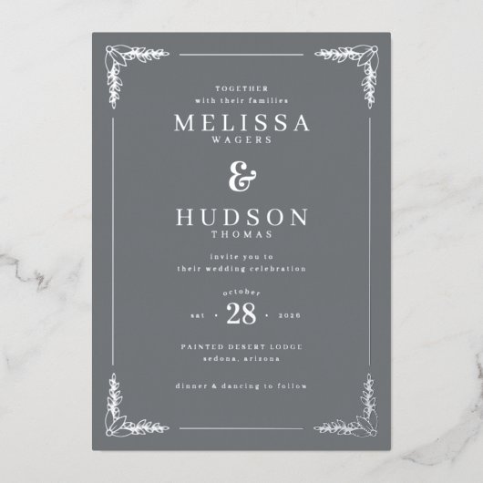 Elegant Gray Floral Wedding Invitation Folieneinladung (Vorderseite)