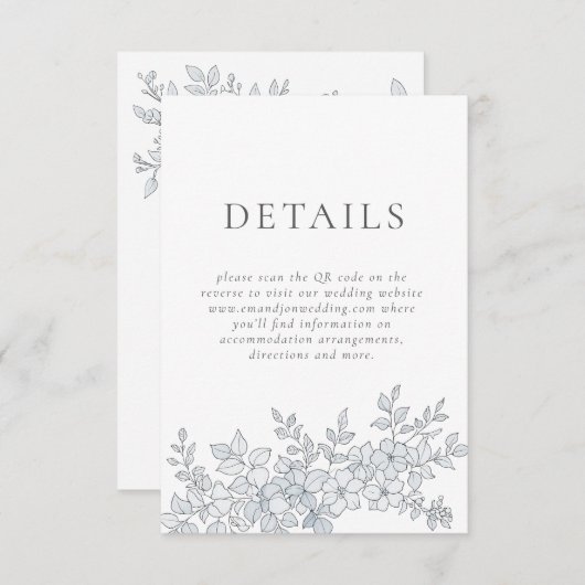 Elegant Gray Florals QR Code Wedding Details Begleitkarte (Vorne/Hinten)
