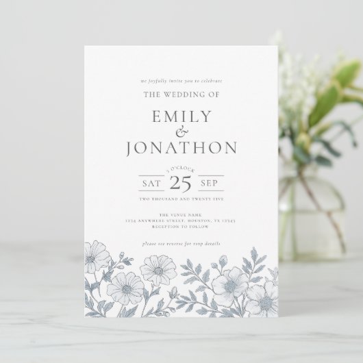 Elegant Gray Florals QR Code Wedding Einladung (Stehend Vorderseite)