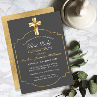 Elegant Gray Gold 1. Heilige Kommunion Einladung