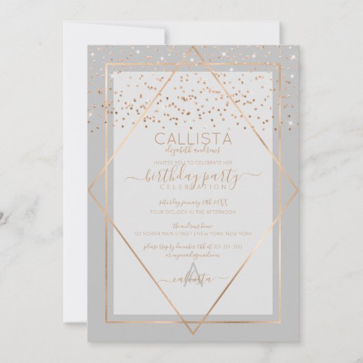 Elegant Gray Gold Confetti Border Geburtstag Einladung (Vorderseite)