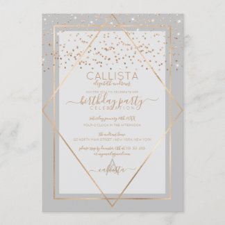 Elegant Gray Gold Confetti Border Geburtstag Einladung