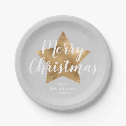 Elegant Gray Gold Star Frohe Weihnachten Pappteller (Vorderseite)