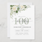 Elegant Gray Green Floral 100. Geburtstag Einladung (Vorderseite)
