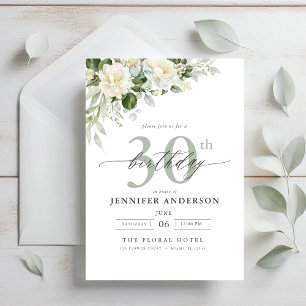 Elegant Gray Green Floral 30. Geburtstag Einladung