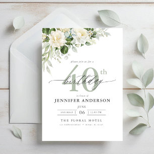 Elegant Gray Green Floral 40. Geburtstag Einladung
