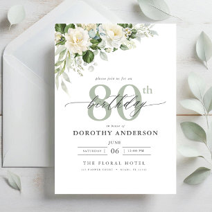 Elegant Gray Green Floral 80. Geburtstag Einladung