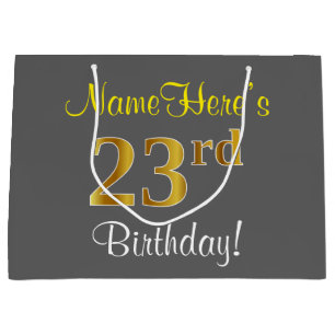 Elegant, Gray, Imitate Gold 23. Geburtstag + Name Große Geschenktüte