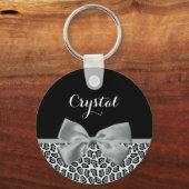 Elegant Gray Jaguar Print Hübsch Name Silver Bow Schlüsselanhänger (Vorderseite)