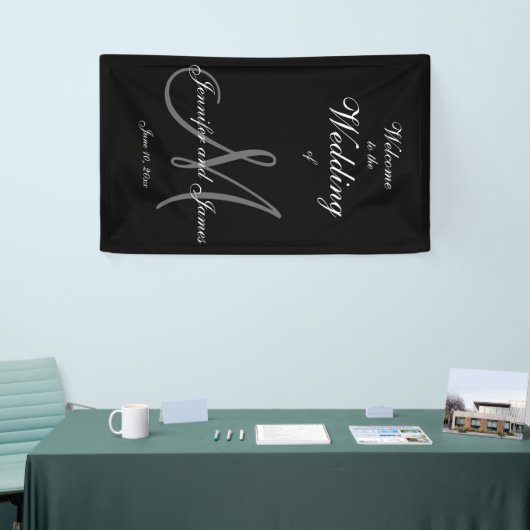 Elegant Gray M Initial und Names Wedding Banner (Messeveranstaltung)