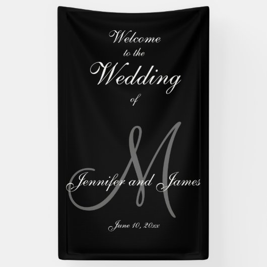 Elegant Gray M Initial und Names Wedding Banner (Vertikal)