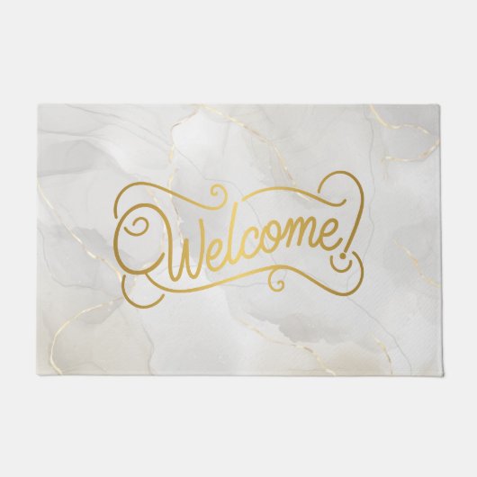 Elegant Gray Marble and Gold Script Welcome Fußmatte (Vorderseite)