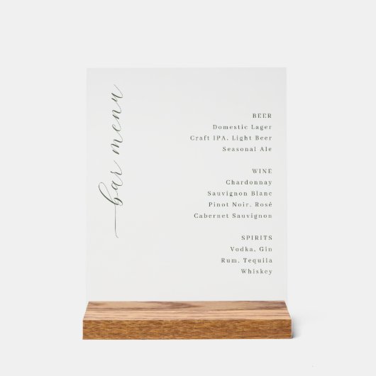 Elegant Gray Minimalist Bar Menu Acrylschild (Vorderseite)