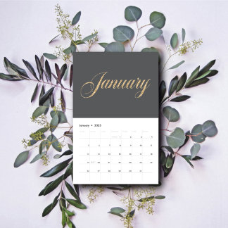 Elegant Gray Minimalistisch| Gold Script Letters Kalender