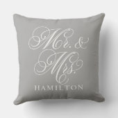 Elegant Gray Mr. und Mrs. Script Custom Monogram Kissen (Rückseite)
