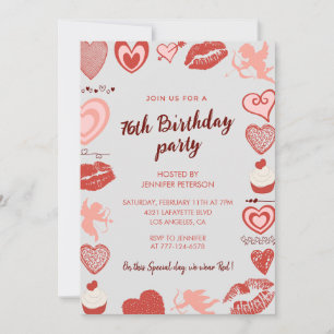 Elegant Gray Red Hearts 76. Geburtstagseinladungen Einladung