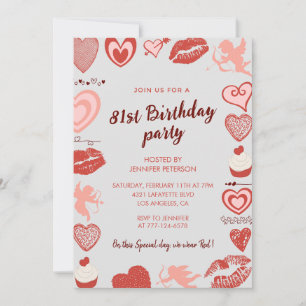 Elegant Gray Red Hearts 81. Geburtstagseinladungen Einladung