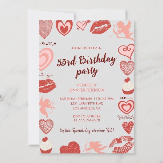 Elegant Gray Red Hearts Einladungen zum 53. Geburt (Vorderseite)