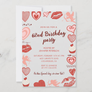 Elegant Gray Red Hearts Einladungen zum 62. Geburt