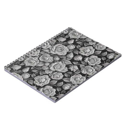 Elegant Gray Roses on Black Journal – Moody Floral Notizblock (Linke Seite)