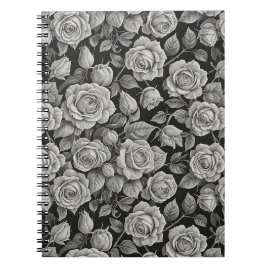 Elegant Gray Roses on Black Journal – Moody Floral Notizblock (Vorderseite)
