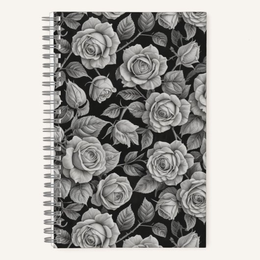 Elegant Gray Roses on Black Journal – Moody Floral Notizblock (Vorderseite)