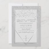 Elegant Gray Silver Confetti Geo Border Wedding Einladung (Vorderseite)