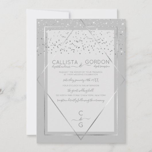 Elegant Gray Silver Confetti Geo Border Wedding Einladung (Vorderseite)