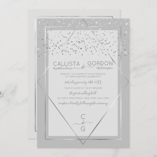 Elegant Gray Silver Confetti Geo Border Wedding Einladung (Vorne/Hinten)