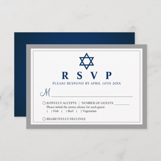 Elegant Gray und Navy Blue Bar Mitzvah RSVP Karte (Vorne/Hinten)