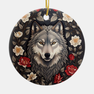 Elegant Gray Wolf Floral Keramik Ornament