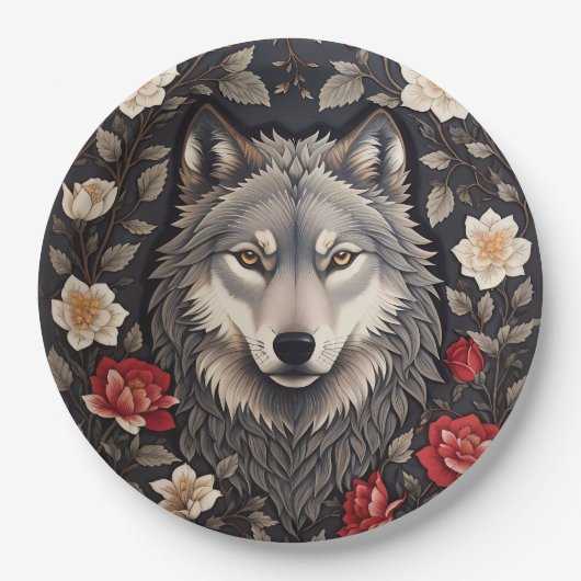 Elegant Gray Wolf Floral Pappteller (Vorderseite)