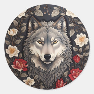 Elegant Gray Wolf Floral Runder Aufkleber
