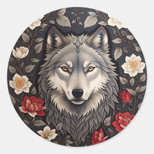 Elegant Gray Wolf Floral Runder Aufkleber (Vorderseite)