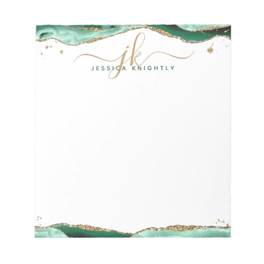 Elegant Green Agate Script Monogram Initials Notizblock (Vorderseite)
