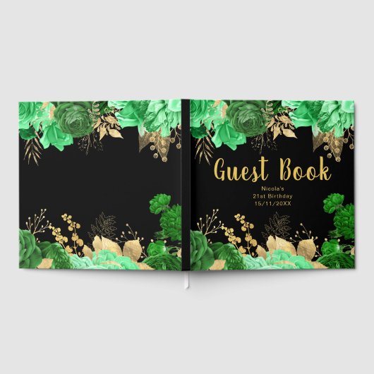 Elegant Green and Gold Flowers Birthday Party Gästebuch (Voll)