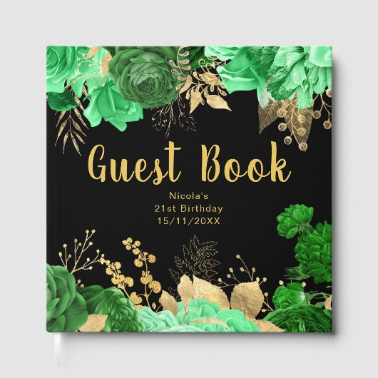Elegant Green and Gold Flowers Birthday Party Gästebuch (Vorderseite)