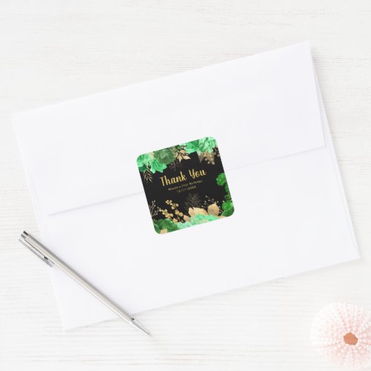 Elegant Green and Gold Flowers Birthday Party Quadratischer Aufkleber (Umschlag)