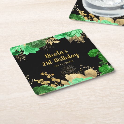 Elegant Green and Gold Flowers Birthday Party Rechteckiger Pappuntersetzer (angewinkelt)