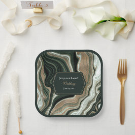 Elegant Green and Gold Marble Wedding Pappteller