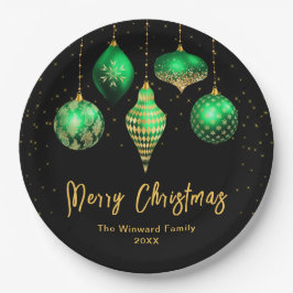 Elegant Green and Gold Ornament Christmas Pappteller