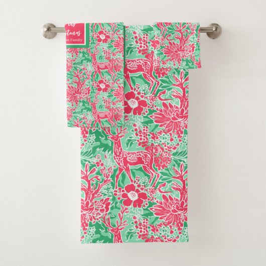 Elegant green and pink Christmas preppy towel set (Insitu)
