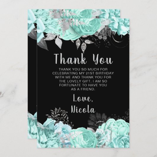 Elegant Green and Silver Flowers Birthday Party Dankeskarte (Vorne/Hinten)
