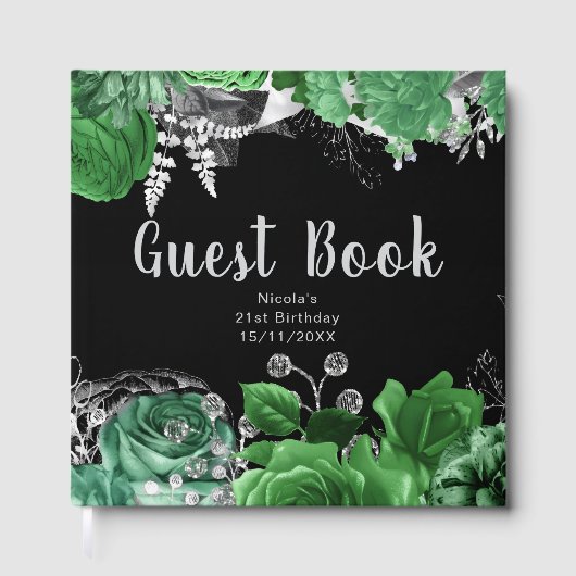 Elegant Green and Silver Flowers Birthday Party Gästebuch (Vorderseite)
