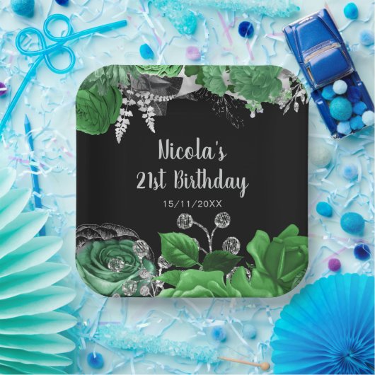 Elegant Green and Silver Flowers Birthday Party Pappteller (Party)