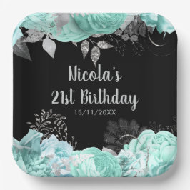 Elegant Green and Silver Flowers Birthday Party Pappteller