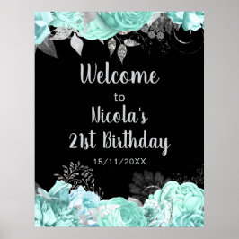 Elegant Green and Silver Flowers Birthday Party Poster