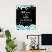Elegant Green and Silver Flowers Birthday Party Poster (Heimbüro)
