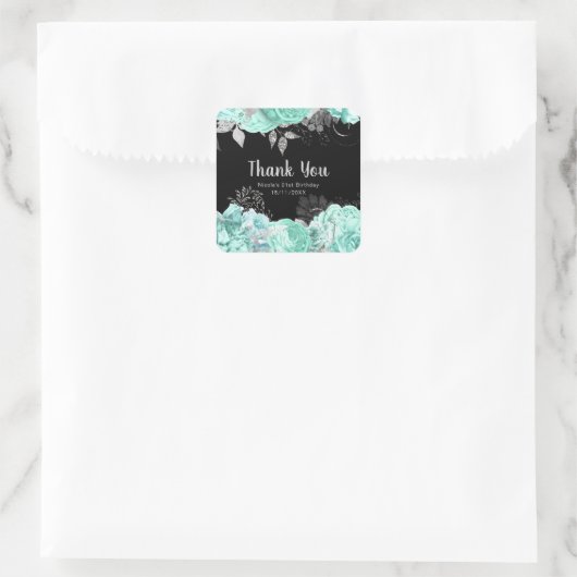 Elegant Green and Silver Flowers Birthday Party Quadratischer Aufkleber (Tasche)